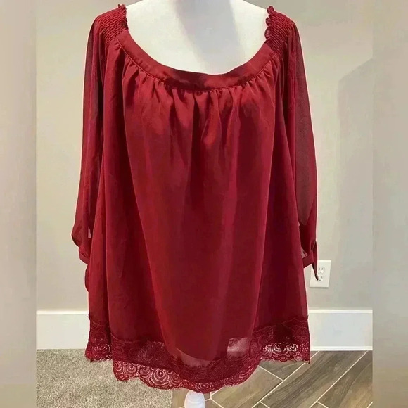 Maurice's Burgundy off shoulder flowy blouse with lace trim, size 3X - Picture 1 of 9